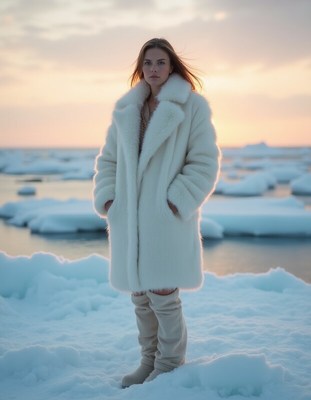 Woman in white coat stands on ice at sunset