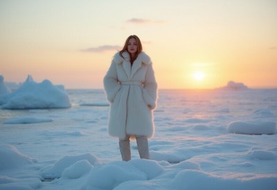 Woman in winter coat standing on ice during sunset