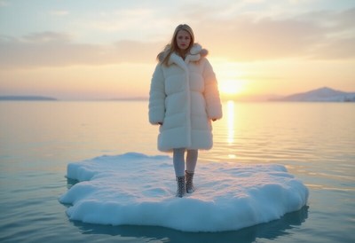 Standing on a floating ice piece at sunset by the water
