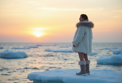 Woman enjoying sunset on ice near ocean