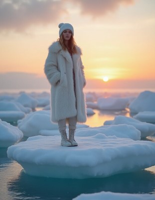 Woman in fur coat stands on ice at sunset in winter