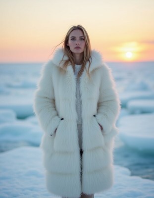 Woman in white fur coat at sunset by icy landscape