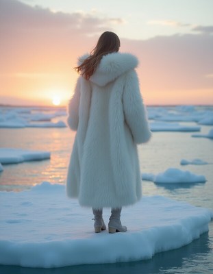Woman in white coat gazes at sunset over icy water