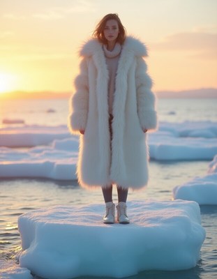 Woman in white coat standing on ice at sunset