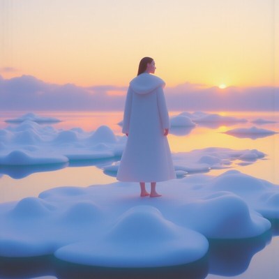 Woman in white coat standing on icy surface at sunset