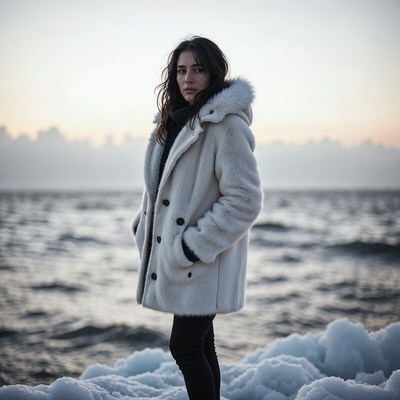 Woman in warm coat by the ocean at sunset