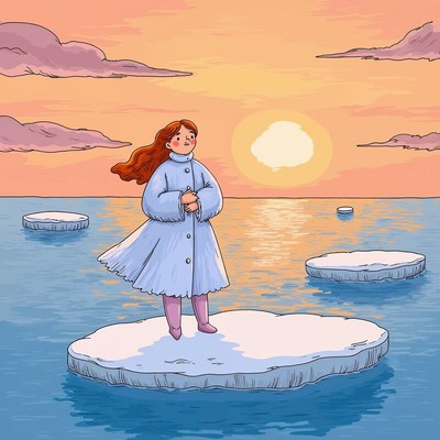 Young girl stands on ice floating in a calm sunset scene