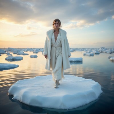 Model walks gracefully on ice during sunset in serene waters