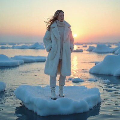 Woman in white coat on ice at sunset