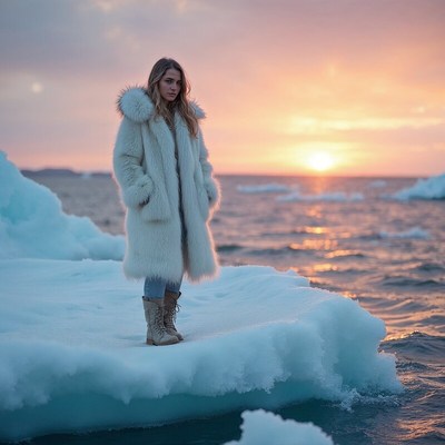 Woman standing on ice at sunset over the ocean