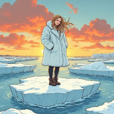 Woman standing on ice in beautiful sunset scenery
