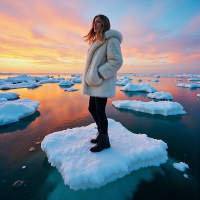 Woman stands on ice floe at sunset in a cold landscape