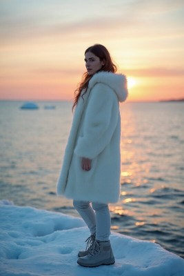 Young woman in white coat by the icy water at sunset