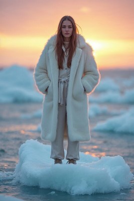 Standing on ice at sunset in warm clothing