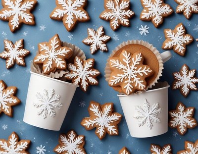 Delicious snowflake cookies on a blue background