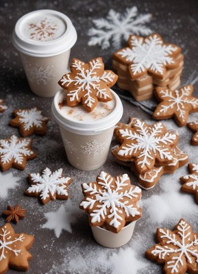 Delicious holiday treats with snowflake cookies and drinks