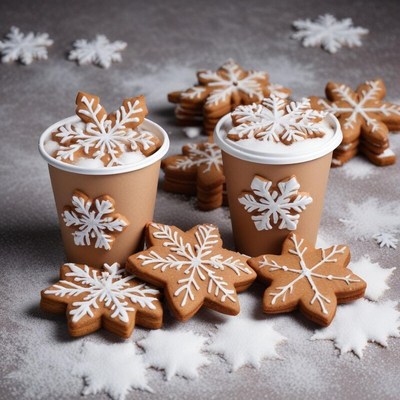 Festive gingerbread cookies and winter drinks on a table