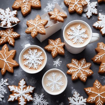 Cozy winter scene with cookies and hot drinks