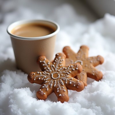 Gingerbread cookies and coffee in winter setting