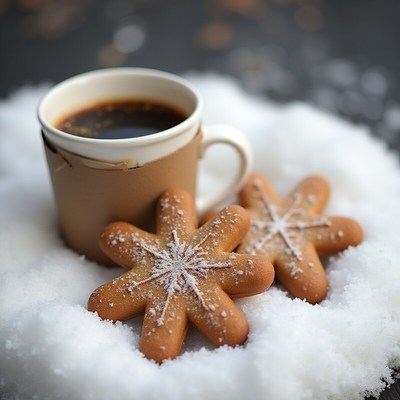 Warm coffee and gingerbread cookies in snowy setting