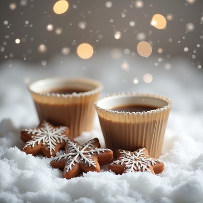 Warm drinks and cookies create a cozy winter scene