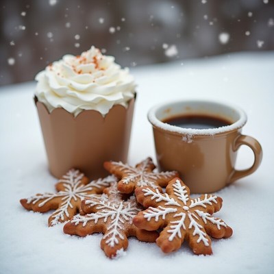 Warm coffee and snowflake cookies in winter wonderland