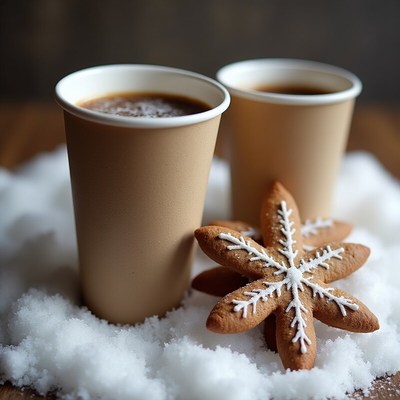 Warm drinks and gingerbread cookies in winter setting