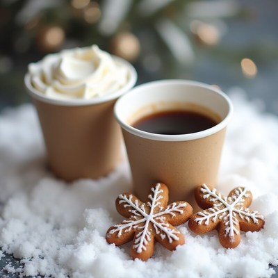 Cozy winter drinks with gingerbread cookies on snowy surface
