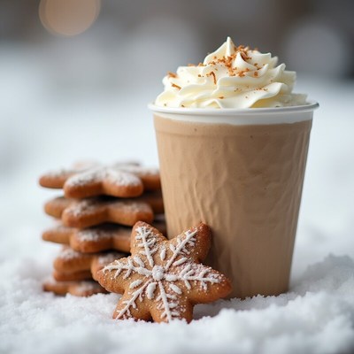 Festive winter drink beside gingerbread cookies on snow