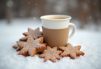Warm drink and gingerbread cookies in winter snow scene