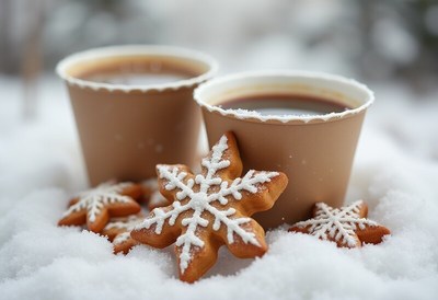 Warm drinks and cookies in snowy winter setting