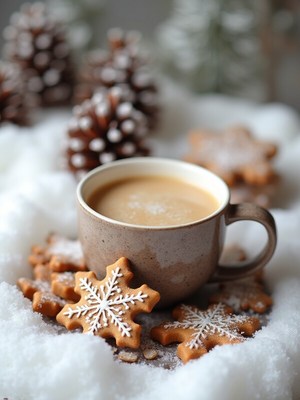 Warm coffee and treats in winter decor