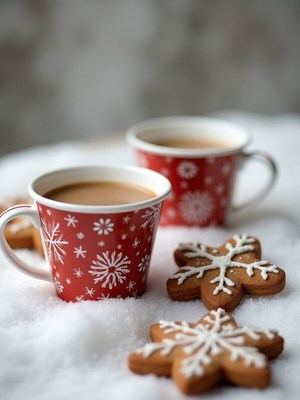 Warm drinks and cookies on a snowy winter day