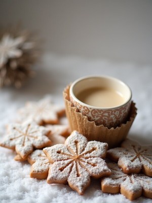 Warm cookies with coffee on a snowy winter day