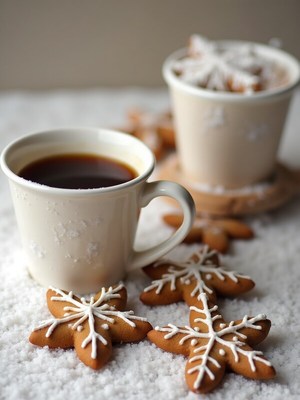 Coffee and gingerbread cookies on a snowy table