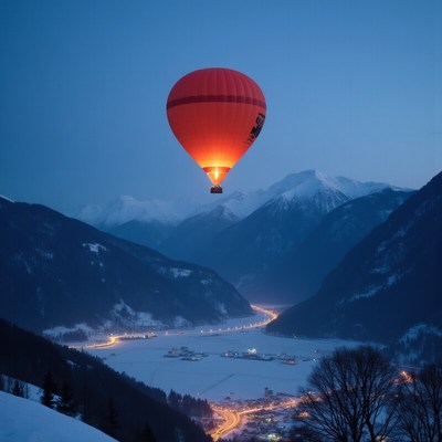 Hot air balloon gliding over snow-covered mountains at dusk