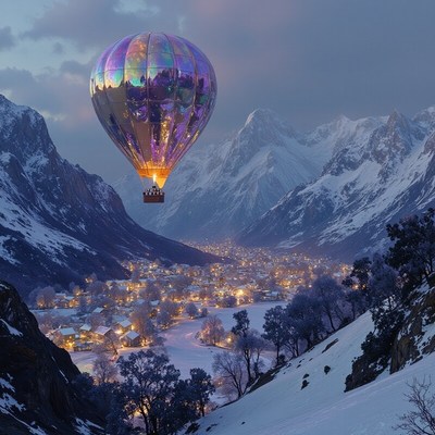 Hot air balloon floats over a snowy valley at dusk