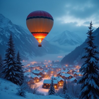 Hot air balloon floats over snowy village at dusk