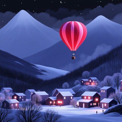 Hot air balloon floats above a snowy village at night
