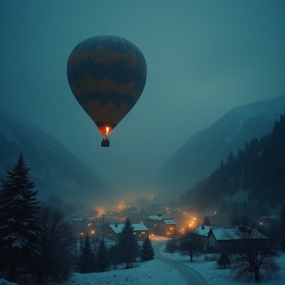 Colorful hot air balloon floats over snowy village at dusk