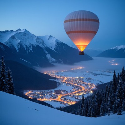 Hot air balloon floats above snowy mountain village at night