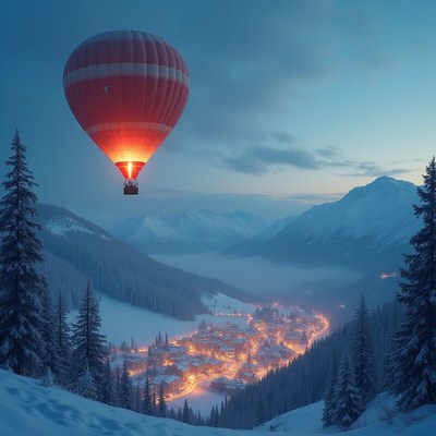 Hot air balloon sparks glow over snowy village at dusk