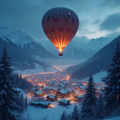 Hot air balloon floats over snowy village at dusk