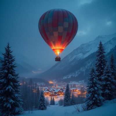 Hot air balloon glowing over a snowy village at dusk