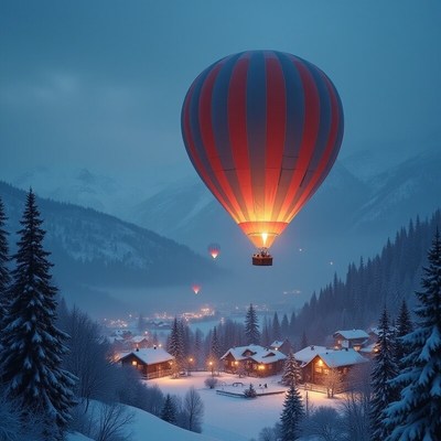 Hot air balloons in a winter night sky over a cozy village