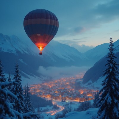 Hot air balloon soaring over winter village at twilight