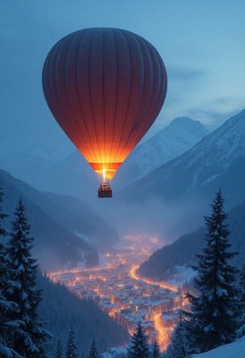 Hot air balloon floats over snowy valley at dusk