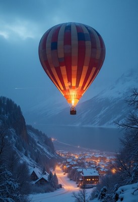 Colorful hot air balloon floats over snowy village at dusk