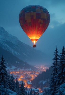 Hot air balloon soaring over mountain village at twilight