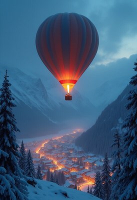 Hot air balloon floating over a snowy village at dusk